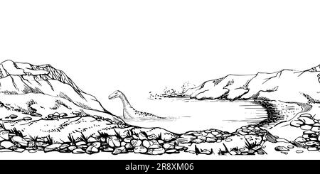 Esquisse vectorielle dessinée à l'encre à la main. Bordure transparente. Paysage pittoresque de l'Écosse avec lac, collines, montagnes, mur de rochers, ancien monstre du Loch Ness. Conception pour Illustration de Vecteur