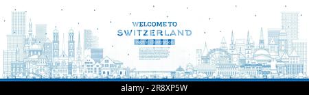 Bienvenue en Suisse. Outline City Skyline avec Blue Buildings. Illustration vectorielle. Architecture moderne et historique. Suisse Illustration de Vecteur