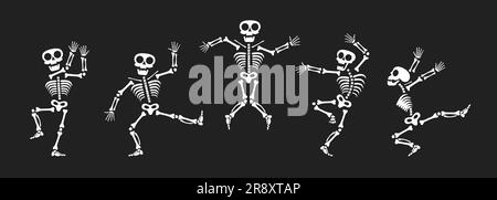 Des squelettes dansant avec différentes positions de conception de style plat ensemble d'illustrations vectorielles. Collection de danse drôle Halloween ou jour des squelettes morts. Illustration de Vecteur