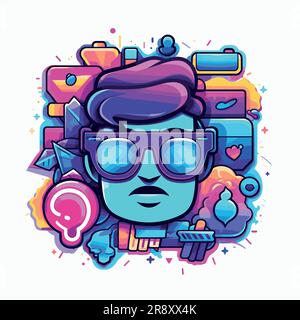 Icône avec un homme dans le monde moderne de l'information Illustration de Vecteur