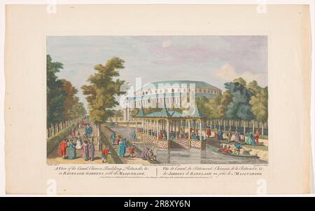 Vue sur la rotonde et le pavillon chinois sur le canal, dans les jardins de Ranelagh à Londres, avec une balle de mascarade, 1752. Banque D'Images