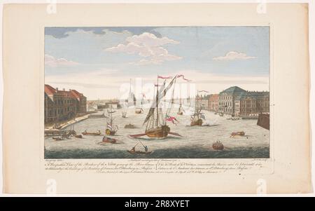 Vue sur la rivière Neva à Saint-Pétersbourg, vue contre le courant, 1756. 'Une vue en perspective des frontières de la Neva, en remontant la rivière entre l'Amirauté et les bâtiments de l'Académie des Sciences, à Saint-Pétersbourg, en Russie'. Banque D'Images