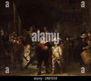 La surveillance de nuit, 1642. Autre(s) titre(s): Officiers et autres gardes civils du District II d'Amsterdam, sous le commandement du capitaine Frans Banninck Cocq et du lieutenant Willem van Ruytenburch, connu sous le nom de 'la veille de nuit'. La plus grande et la plus célèbre toile de Rembrandt a été faite pour la salle de guilde Arquebusiers. Il s'agissait de l'une des nombreuses salles de la garde civique d'Amsterdam, la milice et la police de la ville n°x2019. Rembrandt a été le premier à peindre des figures dans un portrait de groupe faisant réellement quelque chose. Le capitaine, vêtu de noir, dit à son lieutenant de commencer la marche de la compagnie. Les guardeurs entrent en fonction Banque D'Images