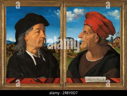 Portraits de Giuliano et Francesco Giamberti da Sangallo, 1482-1485. Ce diptych montre un architecte florentin de premier plan, Giuliano da Sangallo avec son père ancien Francesco, aussi un architecte et un musicien. Ce sont des exemples précoces de portraits dans lesquels la profession du sujet joue un rôle clé. Ici, un stylo et des séparateurs suggèrent l'architecture, une mélodie sous forme de note suggère la musique; dans les deux disciplines, l'harmonie et la proportion sont essentielles. Banque D'Images