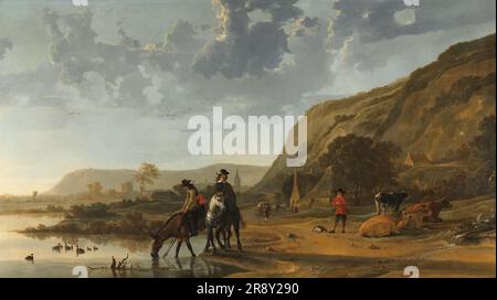 Paysage fluvial avec Riders, c.1653-1657. Autre titre(s): Paysage fluvial près de Nimègue avec des Riders arrossant leurs chevaux. Les voyageurs reposent leurs chevaux dans un paysage de rivière baigné de soleil. Pour juger de leurs châles orange, ils semblent être des officiers de l'armée néerlandaise. Cuyp vit ces collines abruptes lorsqu'il voyagea le long du Rhin entre Nijmegen et Cleves. Ce sont probablement les esquisses qu'il y a dessinées qui ont formé la base de cette peinture. Banque D'Images