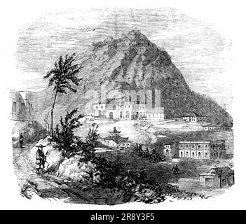 Victoria Peak, Hong-Kong, 1857. Gravure d'un croquis '...par le regretté Arthur V. Johns, Esq., H.C.S....[près] de la ville de Victoria, île de Hong-Kong... une vue nord-est de Victoria Peak, 1800 pieds de haut, pris du maître de port Flagstaff, montrant la maison de Caine, tard la résidence du gouverneur Sir John F. Davis, Bart. Ci-dessous se trouve un bungalow chinois, le premier bâtiment solide érigé sur Hong-Kong comme résidence européenne en 1841, par l'actuel Lieut.-Gouverneur, le Col. Caine; à droite, sur le versant de la colline, le complexe de la magistrature et de la prison. De "Illustrated London News", 1 Banque D'Images