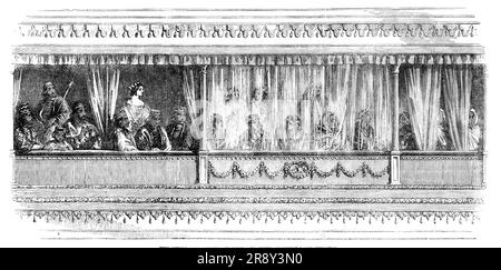 La Reine et les Princes d'Oude et Suite au Drury-Lane Theatre, [Londres], 1857. 'Sa Majesté [la reine Malika Kishwar] était accompagnée des Princes et d'une grande suite, comprenant deux ou trois dames européennes. Le parti royal a occupé quatre cases, la Reine et ses dames étant dans la case royale, les Princes et Messieurs de leur Cour dans les cases adjacentes. C'est la première apparition de sa Majesté dans un lieu public qui a suscité un intérêt et une curiosité considérables. L'effet de tant de costumes orientaux et variés était riche et particulier, et le tissu bleu et argent accroché entièrement sur la RO Banque D'Images