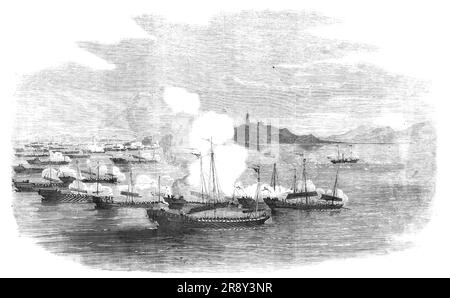 Tentative de capturer le passager-steamer "Fei Ma" ("Flying Horse") par 53 Imperial Junks, dans Canton River, 1857. '... elle a été attaquée par cinquante-trois grandes junks impériales: Chacune de ces junks portait deux sinon quatre gros canons, et a été propulsée par au moins quarante oars avec trois ou quatre hommes à chaque oor. Le défroisseur, en raison de la sortie de la roue par les Malais, a perdu son chemin et a été très presque entouré. Les Chinois, sachant que nous ne pouvions offrir aucune résistance, sont venus avec beaucoup de virilité. Leur coup de feu nous a fait voler comme de la grêle: Neuf ou dix ont pénétré le côté; un a été à moins d'un pouce ou deux de la Banque D'Images