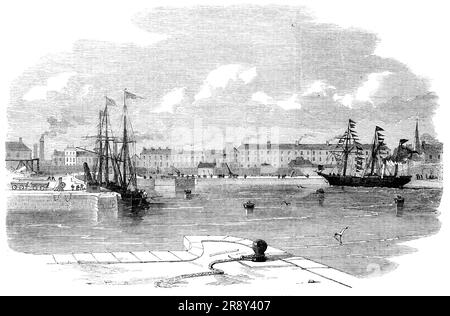 The Great Western Docks, Plymouth: The Floating Dock, 1857. '..., les plans... ont été préparés par M. I. K. Brunel, et exécutés sous la supervision de M. Power, ingénieur résident, à un coût peu inférieur à un quart de million de livres sterling... les travaux comprennent un quai flottant, d'une superficie de 13 acres; longueur de quai-mur, 3490 pieds; portes d'entrée, 80 pieds de large..il y a aussi un quai de gravure, 367 pieds de longueur, ayant des portes de 80 pieds de large, et la largeur de la chambre de 92 pieds. La superficie des quais autour du quai flottant dépasse 15 acres. Il y a un quai...[et] un ponton... avec une profondeur de manbonne Banque D'Images