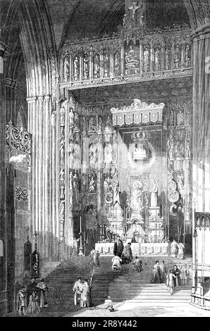 "Le Grand autel de la Cathédrale de Séville" - peint par David Roberts, R.A., 1857. Gravure d'une peinture montrant le 'magnicent Gothic Retablo...[qui] est divisé en quarante-quatre compartiments, [et a été] conçu en 1482 par Dancart, et terminé en 1550. Les sculptures représentent des scènes du Nouveau et de l'ancien Testament. Les décorations et le tabernacle de l'autel lui-même sont d'une date beaucoup plus moderne, et, y compris les images qui les surmontent, représentant la Vierge et l'enfant flanqué par les Apôtres, sont d'argent massif... par la machinerie le rideau ... est dessiné asunder, et l'Armée Banque D'Images