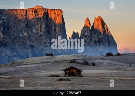 Huttes de montagne au lever du soleil, Alm Seiser, en arrière-plan Schlern, Dolomites, Tyrol du Sud, Italie, automne Banque D'Images