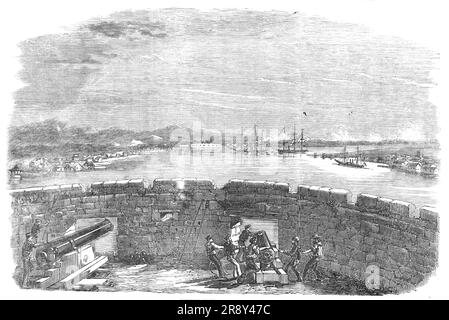 La guerre contre la Chine - intérieur du fort Folly hollandais, 1857. Deuxième guerre de l'opium. "La folie est en très bon ordre, tout est à sa place; un grand crédit est dû aux deux lieutenants au commandement. Les vestes bleues l'ont ornée de quelques fresques de leur propre conception. L'un représente un marin de style T. P. Cooke pointant vers la ville, avec la légende attachée, "cette voie à la brèche"; et l'autre direction indique "la voie à l'honneur et à la gloire". Un prisonnier chinois à l'intérieur, qui a été pris au Bougue, et retenu pour être guéri par le médecin, sa jambe ayant dû être Am Banque D'Images