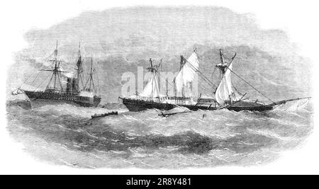 "La mariée du Rover" abandonnée en mer - bateau du Royal Mail Steamer "Atrato" embarquement, 1857. '...from un croquis de H. B. Johnson, deuxième officier de l'Atrato..."observa un navire sur l'arc de port dématisé, s'ennuiait sur elle, baissa le bateau postal en charge de l'officier en chef et embarqua à bord de lui... engorgé et abandonné, et des ponts balayés par la mer. Aucun document ou autre détail trouvé à bord... la mariée du Rover semblait être... presque un nouveau navire... ses voiles étaient toutes en rubans... avant mât disparu, et mizentomât et mât principal ont disparu à la tête. Les parures cassées étaient toutes penchées Banque D'Images