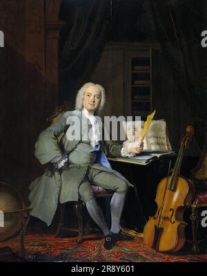 Portrait d'un membre de la famille Van der Mersch, 1736. Le portrait traduit un sens de l'hospitalité conviviale, comme si l'homme nous invitait dans sa maison pour apprécier son art et sa musique. D'une manière typiquement 18th-siècle, le portrait n'a aucun sens de la distance, de l'autorité. Il nous présente directement la personnalité ouverte de ce jeune membre enthousiaste d'une riche famille baptiste d'Amsterdam. Il ne s'attendait pas à des visiteurs : il y a quelques taches sur son épaule quand il a pulvérisé sa perruque. Banque D'Images