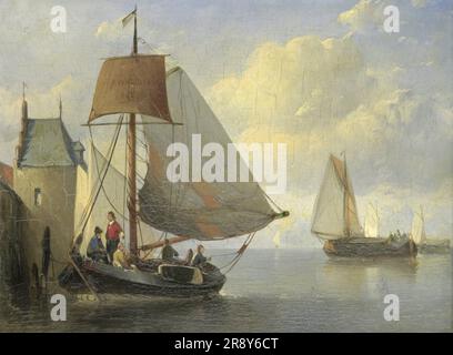 Vue sur la rivière avec une tour en rempart inspirée de la tour Camperveerse à Veere, 1855. Scène de voile hollandaise, notez la signature de l'artiste sur la voile. Banque D'Images