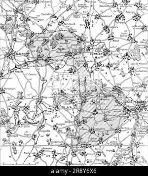 'La guerre 13-19 juillet 1916; Nord et sud de la somme: Croquis du terrain de l'offensive franco-britannique commencee la 1er juillet. La partie grisée indique l'avance realizee a la date 19 juillet', 1916. De "Collection de la guerre IV L'Illustration Tomé CXLVIII. La guerre Juillet, Aout, septembre, octobre, novembre, Décembre 1916". Banque D'Images