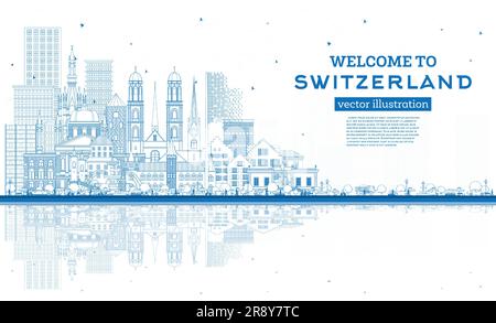 Bienvenue en Suisse. Outline City Skyline avec Blue Buildings. Illustration vectorielle. Architecture moderne et historique. Suisse Illustration de Vecteur