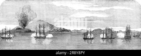 La guerre contre la Chine - la capture des forts du Tigre Bocca par l'escadron anglais - l'attaque sur le Nord et le Sud Wantung, 1857. 'Encounter, North Wantung, Nankin, South Aminghoy, Hornet, South Wantung, [S.M.] Barracouta, Calcutta (vaisseau amiral), Coromandel. De "Illustrated London News", 1857. Banque D'Images