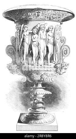 Le vase de Milton, 1857. « Cette œuvre intéressante de sculpture a suscité beaucoup d'admiration lors de la dernière exposition de l'Académie royale. Le vase mesure 5 pouces de hauteur. Les sujets illustrent "Paradis perdu". Le panneau gravé montre Michael dirigeant Adam et Eve hors du Paradis; l'épée ardente agitant derrière eux, et les chérubins qui gardaient le lieu: "Te hâte, et du Paradis de Dieu chaperont la paire pécheresse. Toute terreur se cache, si patiemment tes enchères, ils obéissent: Les rejeter pas disconsolate. Livre II ». La poignée est soutenue par des masques de péché et de mort, avec le feuillage o Banque D'Images