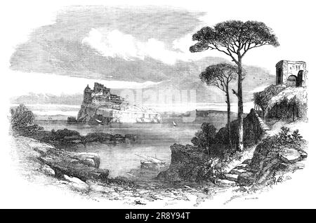 Esquisses de Naples - Château d'Ischia, 1857. 'Au nord et à l'ouest de l'île s'étend progressivement jusqu'à la mer, et se termine dans une plage; Tandis qu'au sud et à l'est, il plonge dans la mer dans des précipices abrupts et élevés... la position avancée d'Ischia, commandant l'entrée ouest de la baie de Naples, en a fait un point d'appui important pour une force de blocage; il a donc été le théâtre d'une lutte féroce et sanguinaire pendant les guerres dynastiques et les révolutions du royaume. Les bains... ont apprécié la haute réputation dès la première période de la colonisation grecque de TH Banque D'Images