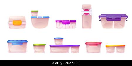 Boîte à lunch en plastique vide contenant un vecteur isolé. Boîte à lunch transparente réutilisable pour dessert ou plat maison à emporter. ustensiles de cuisine de couleur avec couvercle étanche à l'air, illustration Illustration de Vecteur