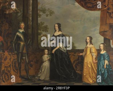 Frederick Henry, sa consort Amalia de Solms, et leurs trois plus jeunes filles, vers 1647. Autre titre(s): Portrait de Frederik Hendrik (1584-1647), prince d'Orange, de sa femme Amalia van Solms (1602-1675) et de leurs trois plus jeunes filles Albertina Agnes (1634-1696), Henrietta Catharina (1637-1708) et Maria (1642-1688). Banque D'Images