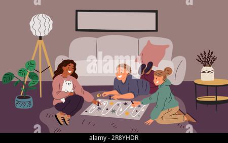 Procede de jeu de table. Adolescents jouant sur le sol. Salon. Intérieur de la maison. Les enfants déplacent des jetons sur la carte. Groupe garçons et filles. Activité amis. Enfants Illustration de Vecteur