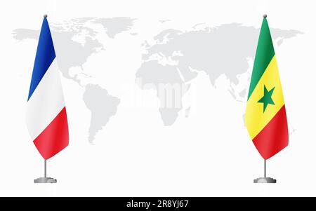 Drapeaux de la France et du Sénégal pour une réunion officielle sur fond de carte du monde. Illustration de Vecteur