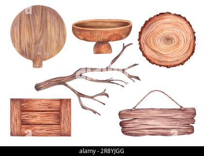 Jeu d'objets en bois. Planche à découper, bol, souche, branche, boîte, panneau. Texture du bois avec fissures et nervures. Matériau naturel.Illustration avec Banque D'Images