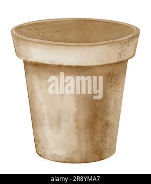 Vider le pot à fleurs en argile. Illustration aquarelle dessinée à la main d'un simple Flowerpot en céramique sur fond blanc isolé. Décoration d'intérieur marron vierge pour clipart. Poterie traditionnelle ronde à la main confortable. Banque D'Images