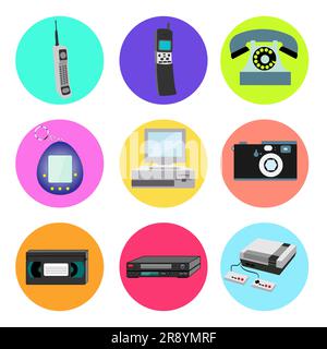 Ensemble de tendance rétro Old cool hipster vintage rond icônes de 70s, 80s, 90s articles téléphone mobile, jouet électronique, ordinateurs, appareil photo, cassette vidéo, vif Illustration de Vecteur