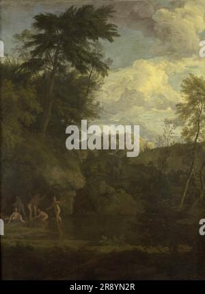 Paysage arcadien avec baignade Diana, 1680-1726. Banque D'Images