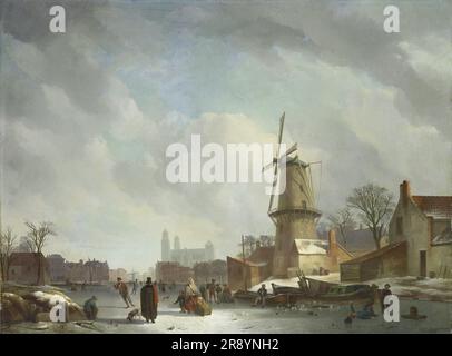 Froicking sur un canal gelé dans une ville, 1830-1837. Banque D'Images