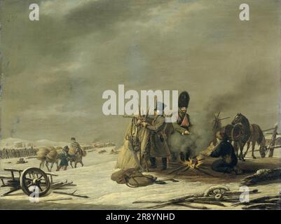 Bivouac à Molodechno, 3-4 décembre 1812: Un épisode de la retraite de Napoléon de Russie, 1816. Soldats autour d'un feu de camp fumeur - l'homme à droite tient la tête d'un sanglier. Banque D'Images