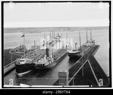 St. Mary's River au sud des écluses, Sault Ste Marie, Michigan, c1905. L'écluse de Soo à Sault Ste Marie est un ensemble de écluses parallèles qui permettent aux navires de se déplacer entre le lac supérieur et les Grands Lacs inférieurs. Sur la gauche, 'The Gilchrist', R.L. Irlande, le 'Henry Steinbrenner' au centre, et le 'John W. Gates' à droite. Banque D'Images