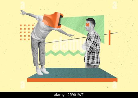 Bannière créative poster collage design des mains pliées homme stressé confiant regardant la propagande informatique isolée sur fond vert Banque D'Images
