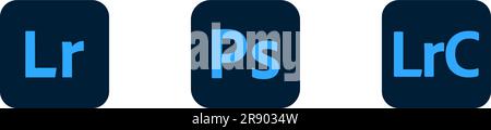 Kiev, Ukraine - 20 juin 2023: Adobe produits pour correction photo - fichier logo set. Icônes Photoshop, Lightroom, Lightroom Classique. Vector Editorial Ill Illustration de Vecteur