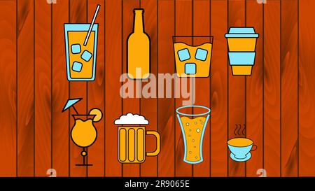 Un grand choix de boissons alcoolisées, cocktails, bière, vodka, vin, whisky, café et thé sur fond de bois. Illustration vectorielle. Illustration de Vecteur