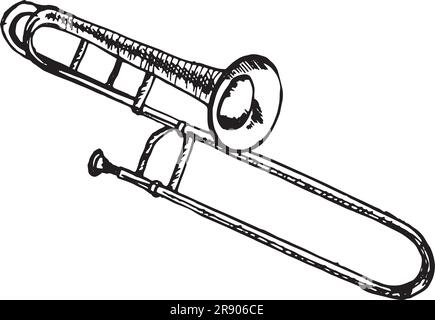 Illustration vectorielle d'instrument de musique de jazz tuba isolée. Orchestre symphonique de pipe instrument de vent de bois encre dessinée à la main. Élément blanc noir pour le design Illustration de Vecteur