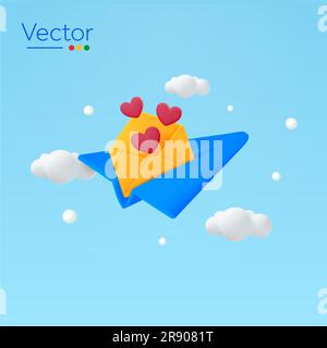 3d plan papier avec icônes enveloppe et coeur, nuages, isolé sur fond. Concept de conception pour l'amour e-mail, messages, chat, social, lettre. 3d illustration vectorielle. Illustration vectorielle Illustration de Vecteur
