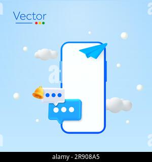 smartphone 3d avec boîte de message, sonnerie de notification, avion papier, nuages, isolé en arrière-plan. Concept de réseau social, de communication et de discussion. 3d illustration vectorielle. Illustration vectorielle Illustration de Vecteur