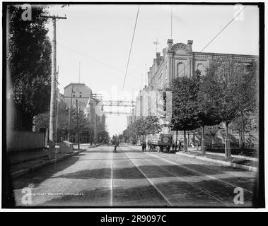 Brasserie Pabst, Milwaukee, entre 1890 et 1901. Notez l'élévateur de grain sur la gauche et le chariot de livraison empilé avec des caisses de bière sur la droite. Banque D'Images