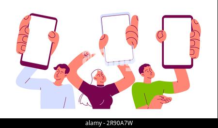 Les personnes qui tiennent un grand smartphone avec un écran vierge à portée de main. Illustration de Vecteur