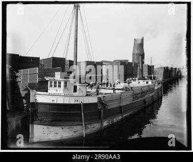 Chargement de bois d'œuvre sur un bateau à vapeur à des chantiers, Menominee, Michigan, c1898. Planches à empiler pour hommes sur le « Albert Soper ». Banque D'Images