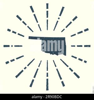 Logo Oklahoma. Affiche grunge Sunburst avec carte de l'état des États-Unis. Forme de l'Oklahoma remplie de chiffres hexagonaux avec rayons de soleil autour. Vecteur net illust Illustration de Vecteur