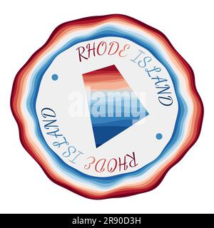 Badge Rhode Island. Carte de l'état des États-Unis avec de belles vagues géométriques et un cadre rouge bleu vif. Logo rond vif du Rhode Island. Illustration vectorielle. Illustration de Vecteur