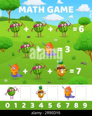 Personnages de pastèque, mangue et ananas, feuille de calcul de jeu de mathématiques, quiz de mathématiques vectorielles. Drôles fruits de super-héros de dessin animé sur puzzle de jeu de mathématiques pour l'addition et la soustraction formation de compétences de calcul Illustration de Vecteur