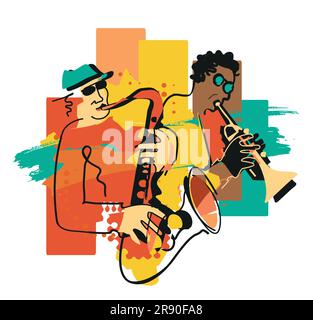 Thème jazz, trompette et saxophoniste. Expressif coloré Illustration de deux musiciens de jazz. Isolé sur fond blanc. Vecteur disponible. Illustration de Vecteur