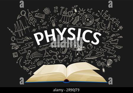 Manuel de physique sur fond de tableau de l'école, livre d'éducation vectorielle. Cours de physique manuel ouvert de l'élève de l'école avec la craie doodle de formules et d'équations, molécule d'atome et planètes Illustration de Vecteur