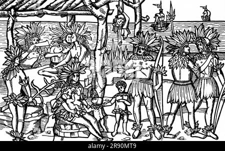 Nouvelle scène mondiale, 1505. Par Johann Froschauer (d1523). Cette coupe de bois est un exemple précoce important de représentations européennes du Nouveau monde. Il est considéré comme la première représentation des Indiens d'Amérique d'être quelque peu éthnographiquement précis et a probablement été inspiré par les descriptions d'Amerigo Vespucci dans son livre Mundus Novum, 1503, qui a détaillé ses expériences pendant son temps dans le Nouveau monde (Amériques). Banque D'Images